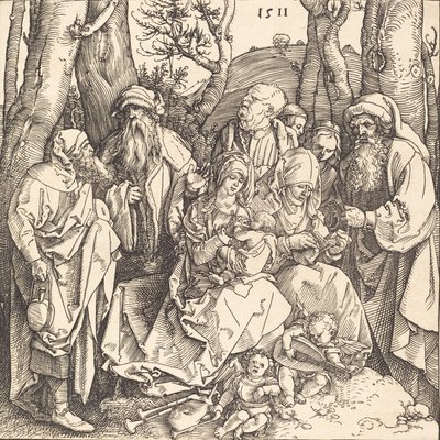 De Heilige Familie met twee muziekmakende engelen door Albrecht Dürer