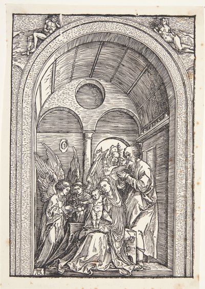 De Heilige Familie met twee engelen in een gewelfde hal door Albrecht Dürer