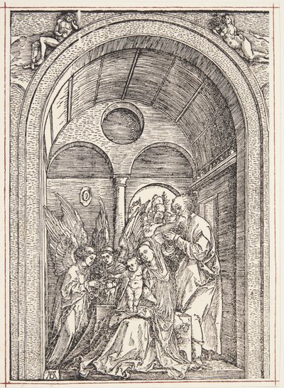 De Heilige Familie met twee engelen in een gewelfde hal door Albrecht Dürer