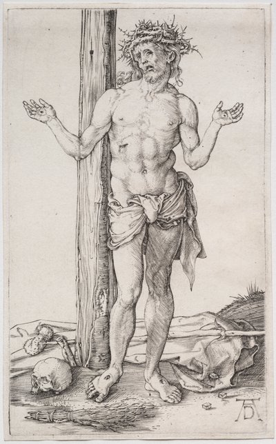 De Man van Smarten Staand, met Opgeheven Handen door Albrecht Dürer