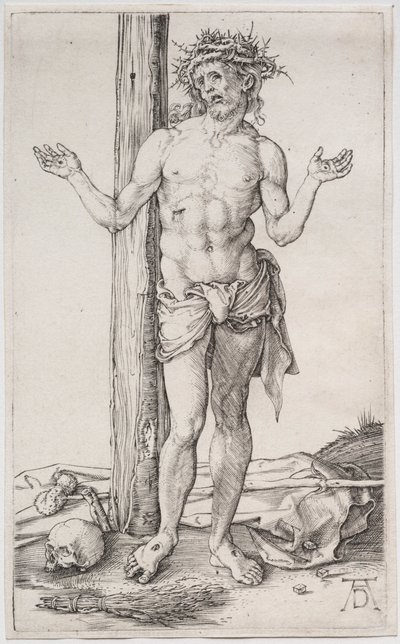 De Man van Smarten Staand, met Opgeheven Handen door Albrecht Dürer