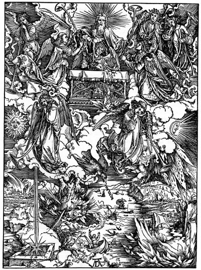 De opening van het zevende zegel, De zeven engelen met de trompetten, 1498, 1936 door Albrecht Dürer