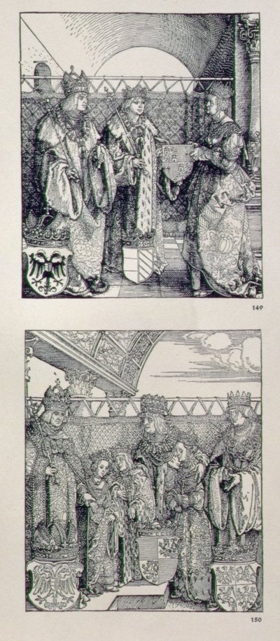 De Triomfboog van Keizer Maximiliaan I (1459-1519): detail met twee panelen boven de linkerpoort die gebeurtenissen uit het leven van Keizer Maximiliaan tonen, uitgegeven 1517-28 door Albrecht Dürer