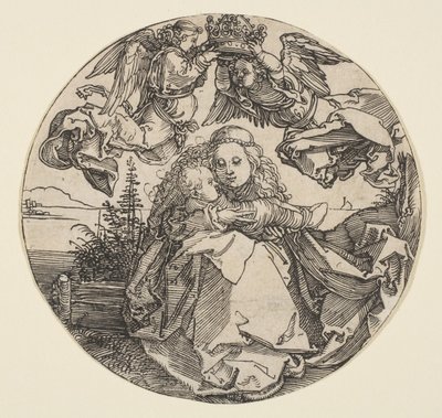De Maagd en het Kind gekroond door twee engelen boven een landschap, ca. 1504 door Albrecht Dürer