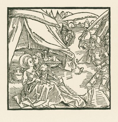 Een ridder uit het Israëlitische leger doodt een andere ridder die hij aantreft met een heidense minnares door Albrecht Dürer or Duerer