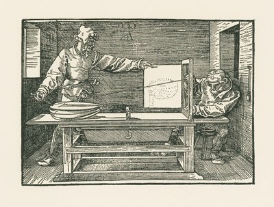 Een man die een luit trekt door Albrecht Dürer or Duerer