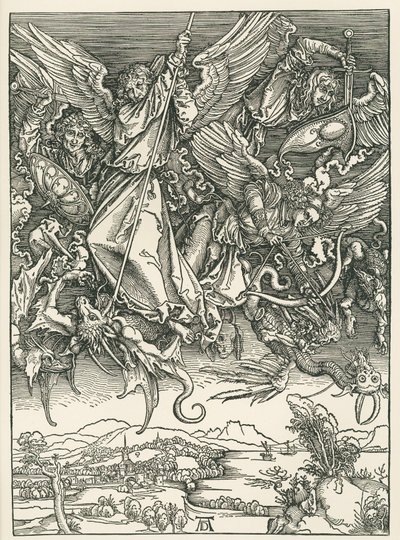 Aartsengel Michael vecht tegen de draak. De Openbaring van Johannes, c.1498 (houtsnede) door Albrecht Dürer or Duerer