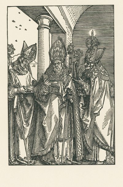 Bisschop Sint Nicolaus, de heiligen Ulrich en Erasmus, ca.1505 (houtsnede) door Albrecht Dürer or Duerer