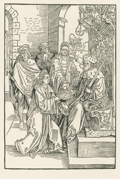Conrad Keltes overhandigt zijn editie van de Roswitha-komedies aan de keurvorst Frederik van Saksen door Albrecht Dürer or Duerer
