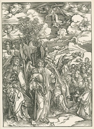 Vier engelen die de winden tegenhouden en de ondertekening van de uitverkorenen. De Openbaring van Johannes, ca. 1497-98 (houtsnede) door Albrecht Dürer or Duerer