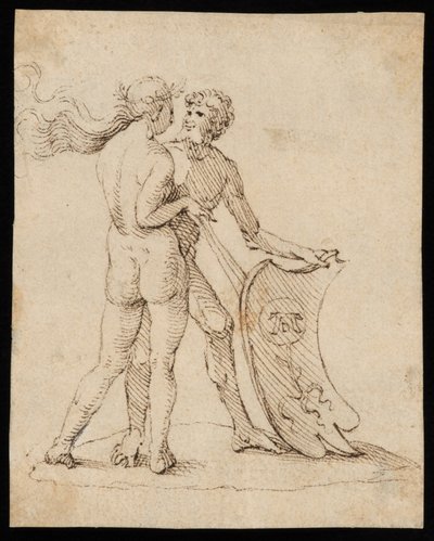Naakte vrouw en man met het schild met het wapen van Willibald Pirckheimer door Albrecht Dürer