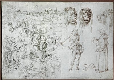 Verkrachting van Europa, leeuwenkoppen, boogschutter, salie, schedel (tekening) door Albrecht Dürer or Duerer