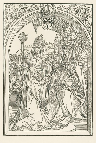 Roswitha presenteert in aanwezigheid van haar nicht Gerba, de abdis van Gandersheim, haar werken aan keizer Otto I door Albrecht Dürer or Duerer