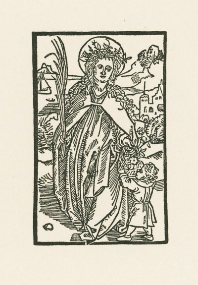 Heilige Dorothea. Illustratie bij Hortulus Anime. Gedrukt door Michael Furter, Bazel door Albrecht Dürer or Duerer