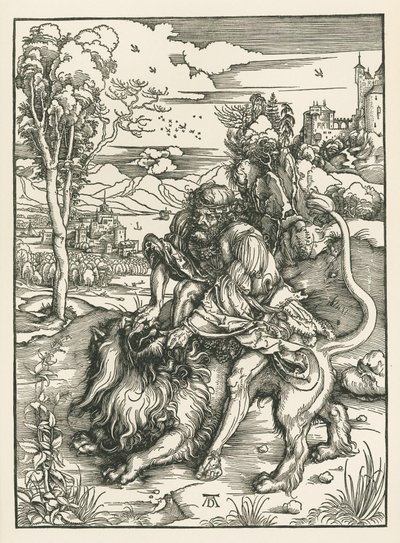 Simson doodt de leeuw, ca. 1497-98 (houtsnede) door Albrecht Dürer or Duerer