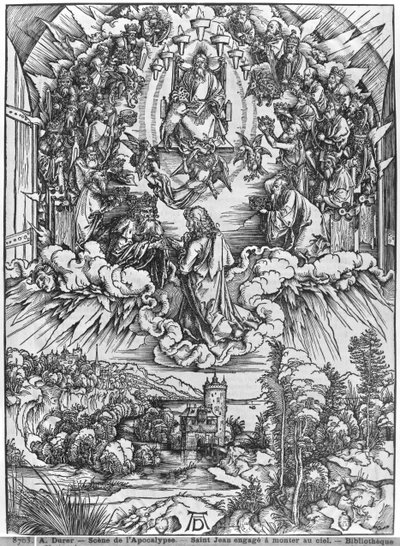Scène uit de Apocalyps, St. Johannes voor God de Vader en de Vierentwintig Oudsten, Duitse editie door Albrecht Dürer
