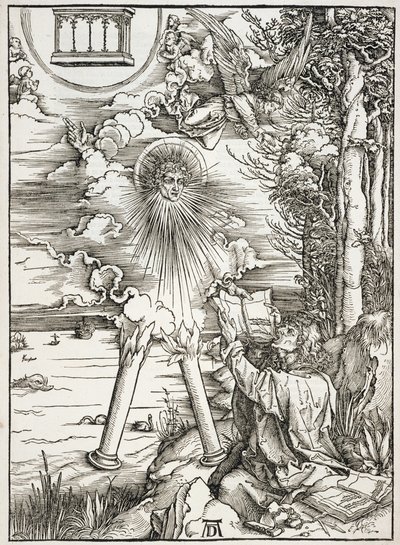 Scène uit de Apocalyps, St. Johannes eet het Boek, Latijnse editie door Albrecht Dürer