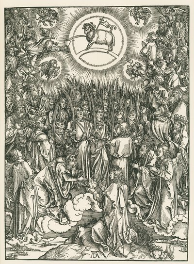 De aanbidding van het Lam en de lofzang van de uitverkorenen. De Openbaring van Johannes, ca. 1496-97 (houtsnede) door Albrecht Dürer or Duerer