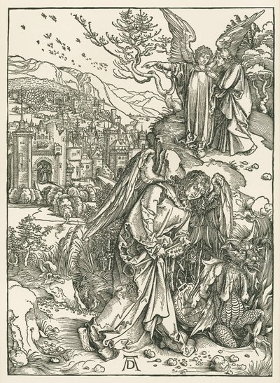 De engel met de sleutel die de draak in de afgrond werpt en een andere engel die de heilige Johannes het nieuwe Jeruzalem toont, ca. 1497-98 (houtsnede) door Albrecht Dürer or Duerer
