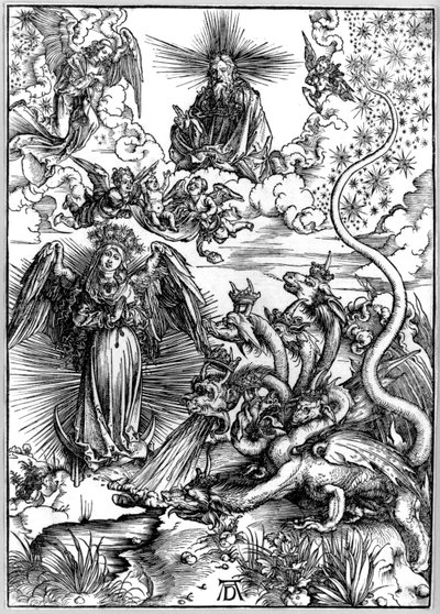 De Apocalyptische Vrouw of De Vrouw Bekleed met de Zon en de Zevenkoppige Draak, uit De Apocalyps of de Openbaring van St. Johannes door Albrecht Dürer
