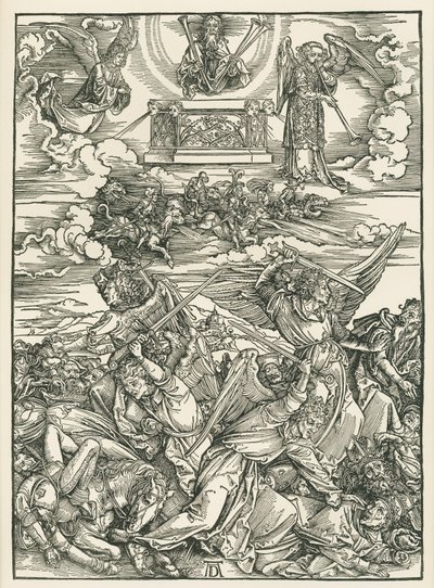 De strijd der engelen. De Openbaring van Johannes, ca. 1496-98 (houtsnede) door Albrecht Dürer or Duerer