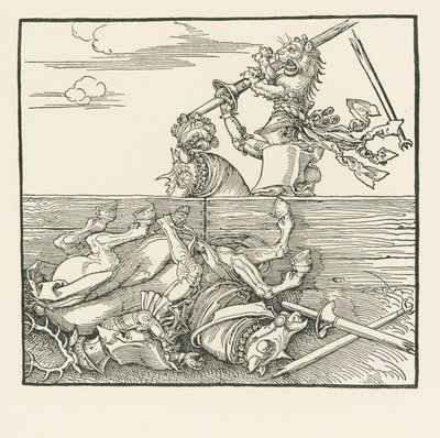 Het buitenlandse toernooi. Maximiliaan heeft zijn tegenstander Jacop de Heri uit het zadel getild, ca. 1517-18 (houtsnede) door Albrecht Dürer or Duerer