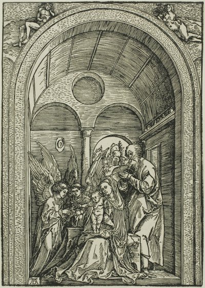 De Heilige Familie met twee engelen in een gewelfde hal door Albrecht Dürer or Duerer