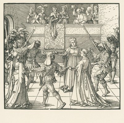 De maskerade (houtsnede) door Albrecht Dürer or Duerer