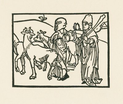 De priester in zijn gewaad drijft vee uit en voor hem gaat de dienstmaagd, c.1489-90 (houtsnede) door Albrecht Dürer or Duerer