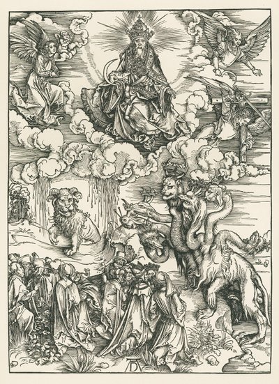 Het zeemonster en het beest met de horens van het lam. De Openbaring van Johannes, ca. 1496-97 (houtsnede) door Albrecht Dürer or Duerer