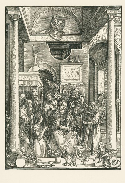 De maagd aanbeden door engelen en heiligen, c.1502 (houtsnede) door Albrecht Dürer or Duerer