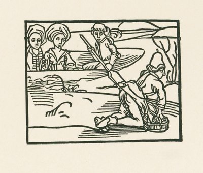 De hertogin zit in een boot op het water waar de priester zijn ondergoed wast, c.1489-90 (houtsnede) door Albrecht Dürer or Duerer