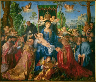 Het feest van de Rozenkrans (olieverf op hout) door Albrecht Dürer or Duerer