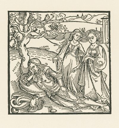 De ridder in meditatie wordt vergezeld door zijn twee dochters door Albrecht Dürer or Duerer