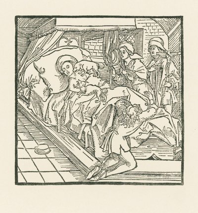 De edele dame in afwachting die haar honden zo goed te eten gaf, maar de armen liet verhongeren, wordt na haar dood door de honden afgelikt tot ze zwart wordt als steenkool door Albrecht Dürer or Duerer