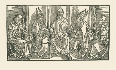 Drie bisschoppen en twee monniken door Albrecht Dürer or Duerer