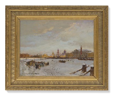 Uitzicht over de bevroren Neva, de Rostral kolommen, de Sint-Isaacskathedraal en de Admiraliteit, Sint-Petersburg door Aleksandr Karlovich Beggrov