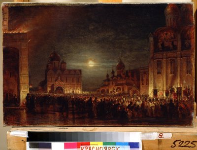 Paasmatines. Verzameling van gelovigen bij dageraad, met brandende kaarsen, rond priesters en bisschoppen, om het liturgische feest te vieren op een plein omringd door kerken door Aleksei Petrovich Bogolyubov