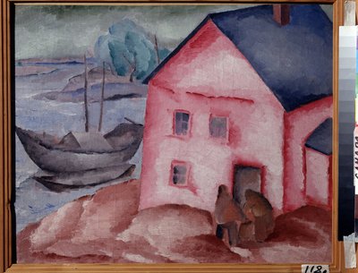 Een roze huis bij de rivier door Aleksey Kravchenko