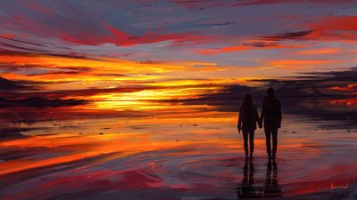 Romantische strandwandeling bij zonsondergang door Alena Aenami