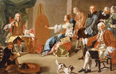 Een allegorie van schilderkunst: een elegant gezelschap in een interieur met een heer die poseert voor zijn portret door Alesio D Elia
