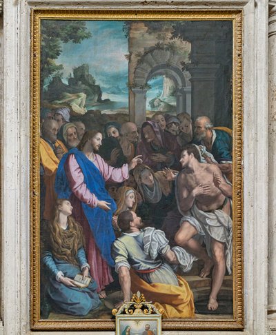 De wederopstanding van Lazarus door Alessandro (workshop of) Allori