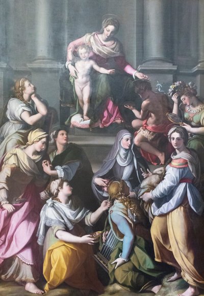 Madonna op de troon met Kind, omringd door heiligen en figuren door Alessandro Allori