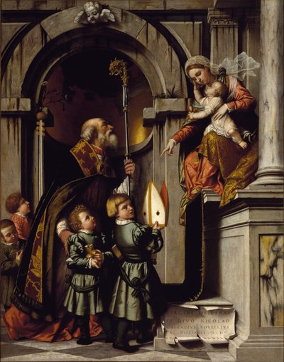 Sint Nicolaas van Myra of Bari presenteert de leerlingen van Galeazzo Rovelli aan de Maagd met het kind Jezus op de troon door Alessandro Bonvicino Moretto