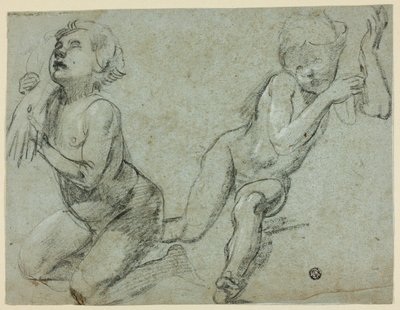 Schetsen van twee Putti, één die hand van dode Christus vasthoudt (recto); romp en benen van knielende figuur (verso) door Alessandro Casolani