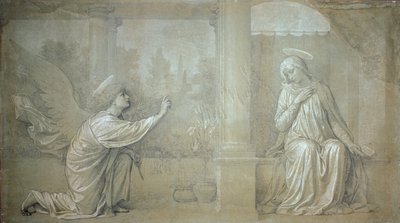 De annunciatie, voorbereidende tekening voor de Cappella Raffo fresco in de Misericordia begraafplaats, Siena door Alessandro Franchi