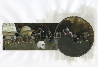 Alchemist in zijn laboratorium omringd door flessen en destilleerapparaten (Illustratie) door Alessandro Lonati