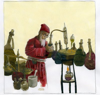 Alchemist in zijn laboratorium omringd door flessen en distilleerapparaten door Alessandro Lonati