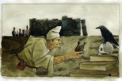 Alchemist in zijn laboratorium met een raaf, een schedel door Alessandro Lonati