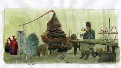 Alchemist in zijn laboratorium met potten en distilleerketel (Illustratie door Alessandro Lonati) door Alessandro Lonati